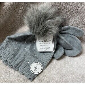 NWT‎ Nicole Miller Hat And Mittens Set Gray Knitted Baby 0-6 Months